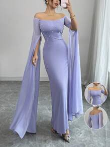 Rafferiza 优雅紫色奢华露肩珍珠泡泡雪纺灯笼袖女式连衣裙，春夏 - 淡紫色 - 查看 3