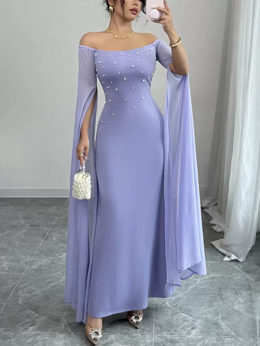 Rafferiza 优雅紫色奢华露肩珍珠泡泡雪纺灯笼袖女式连衣裙，春夏 - 淡紫色 - 查看 1