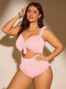 SHEIN Swim Curve 大码纯色镂空连体泳衣，海滩度假 - 藕粉色 - 查看 6