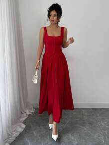 xheRafferiza Conjunto de chaleco sin mangas de cuello cuadrado y botón único con falda plisada acampanada informal y versátil para mujerxhe - Rojo - Ver 4