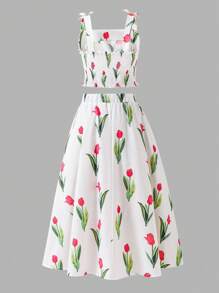 SHEIN Lunivi 2 Stücke/Set Tween-Mädchen Tulpenmuster Weste und Maxi Rock, lässiger eleganter Outfit, V-Ausschnitt Volant Taille langes Kleid, Grün, geeignet für Frühling Sommer Urlaub