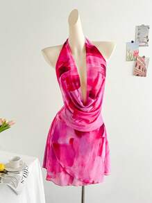 Soleia 春夏季假期垂坠领口露背网眼荷叶边不对称露背迷你连衣裙，适合度假、约会、下午茶、度假、音乐节、波西米亚风、沙滩装 - 玫紅色 - 查看 5