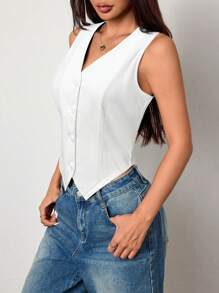 SHEIN Unity 1 pièce Débardeur ajusté tricoté à col en V sans manches de couleur unie pour femmes