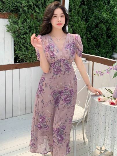 DAZY Đầm dài ngang gối cổ chữ V họa tiết hoa nhí cho nữ, thích hợp cho ngày Valentine, váy hè, trang phục đi nghỉ mát, lễ Phục sinh, phong cách Boho.