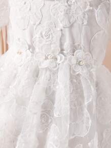 Young Girl Elegant Solid Color Floral Mesh Fluffy Dress