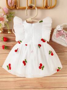 SHEIN Glamorique Kids 女婴粉色金属草莓和薄纱泡泡袖连衣裙，流行款式 - 白色 - 查看 2