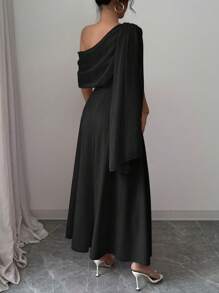 Rafferiza French Elegant Style Versatile Fashion Asymmetrical Asymmetric Neck Sheer Chiffon Draped A-Line Midi Dress, Pink, For Women, Spring/Summer - Black - View 2