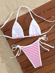 Swim Mod Women's Vacation Beach Striped Bikini Set, Micro Triangle For Summer - Pink - View 2