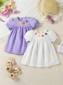 SHEIN Vintaside Kids 2pcs Baby Girl Lovely Floral Print Round Neck Short Puff Sleeve Casual Dress - Multicolor - View 2
