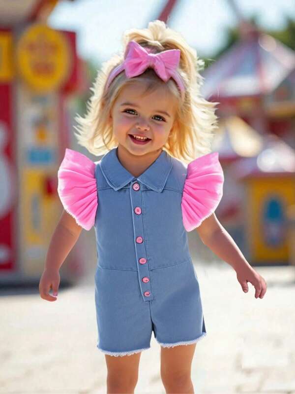 Baby Mädchen Chiffon Rüschenärmel Patchwork Jeans Jumpsuit