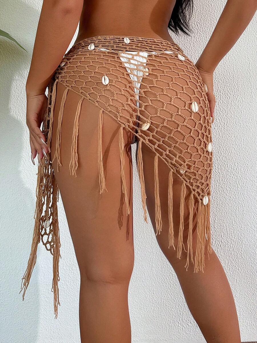 SHEIN Swim Women Spring Break Hollow Out Tassel Shell Crochet Knit Cover Up, Summer Beach Vacation - Khaki - View 1