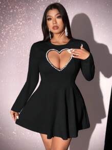 Viva Relle Plus Size Women Heart Decor Solid Color Long Sleeve Casual Dress,Valentine