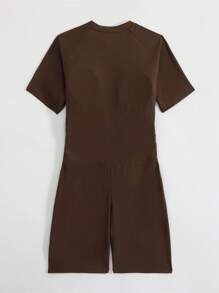 Swim SPRTY Springbreak Women Contrast Color Zipper Front Short Sleeve One-Piece Swimsuit With Shorts, Casual & Sun-Protective - Coffee Brown - View 2