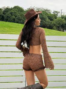 SHEIN EZwear 女式蕾丝长袖不对称下摆露背上衣和短裤两件套，西式 - 棕色 - 查看 2