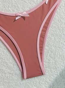 SHEIN Swim 2pcs Dusty Pink & Light Pink Trim Bowknot Fashionable Bikini Set, Women Beach Clothes Outfits, Summer Vacation Bathing Suit - Multicolor - View 5