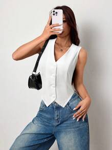 SHEIN Unity 1 pièce Débardeur ajusté tricoté à col en V sans manches de couleur unie pour femmes