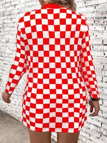 SHEIN LUNE Áo khoác thường ngày dài tay hở phía trước họa tiết ô vuông cỡ lớn cho nữ - Đỏ và trắng - Xem 2