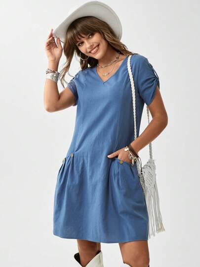 SHEIN LUNE Solid Button Detail Tunic Dress