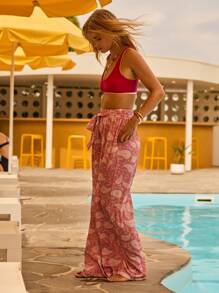 Aralina Boho Paisley Print Tie Waist Ramadan Iftar Party Wide Leg Vacation Beach Pants - Red - View 5