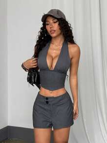 EgrlEra Sexy European Girl Style Gray Deep V-Neck Spaghetti Strap Crop Top & High Waist Shorts 2Pcs Set - Grey - View 6