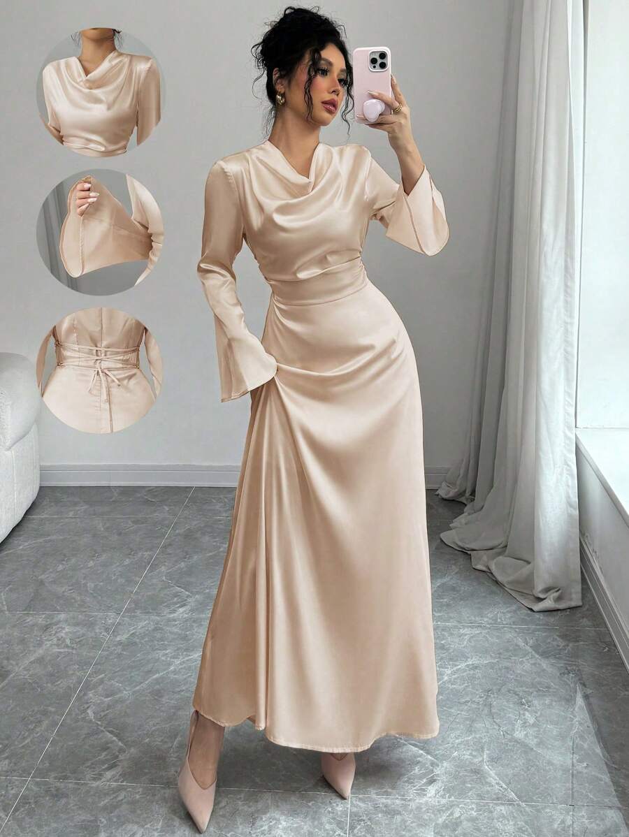 Rafferiza Elegant Fitted V-Neck Long Sleeve Drawstring Waist A-Line Satin Dress, Pink, Autumn/Winter Fall Cloth For Women - Khaki - View 1