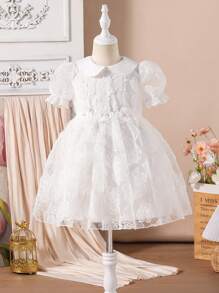 Young Girl Elegant Solid Color Floral Mesh Fluffy Dress