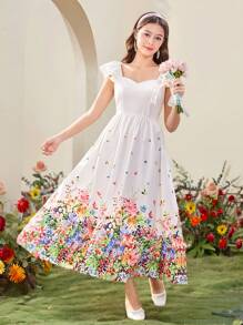 青少年女孩休闲简约拼布盖袖花卉印花连衣裙，日常穿着