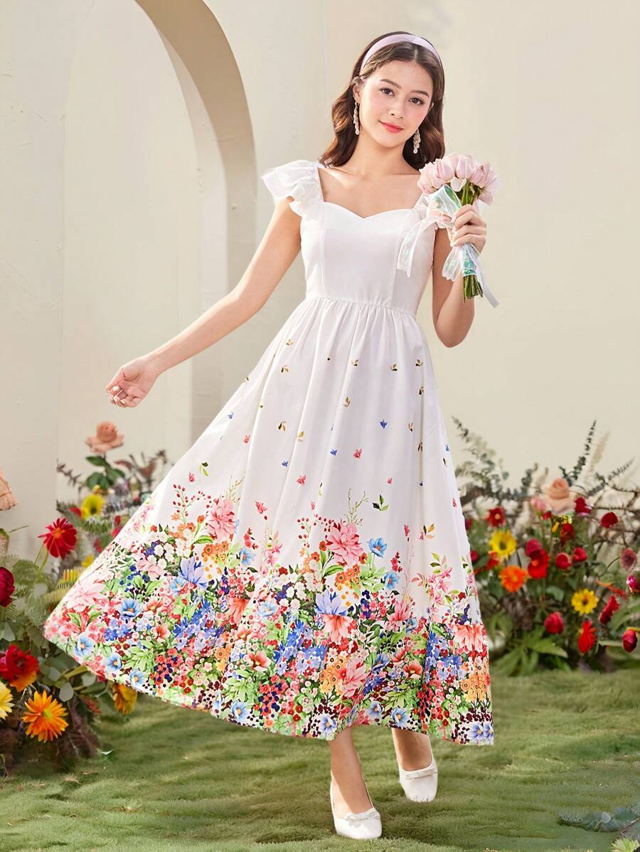 青少年女孩休闲简约拼布盖袖花卉印花连衣裙，日常穿着
