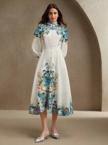 Anewsta Abito lungo con maniche lunghe e stampa floreale romantica ed elegante per le donne, adatto per le vacanze primaverili ed estive - Bianco - Visualizzare 5