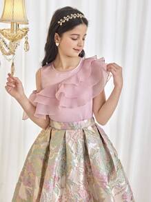 SHEIN Leap Crew 青少年女孩宽松优雅圆领荷叶边衬衫 A 字裙两件套 - 藍色 - 查看 3