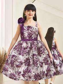 SHEIN Tween Girl Elegant One-Shoulder 3D Flower Contrast Waist Sleeveless Dress - Purple - View 2