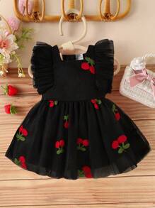 SHEIN Glamorique Kids Baby Girl Pink Strawberry Foil & Tulle Puff Dress, Popular Item - Black - View 3