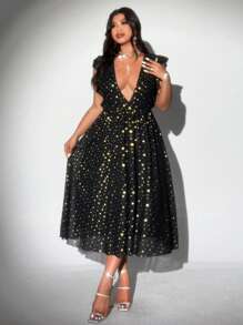 Viva Relle Robe à encolure en V profond, volants à l'ourlet, imprimé à pois métallique, mode et sexy, grande taille