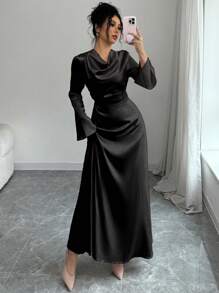 Rafferiza 女士黑色优雅修身喇叭下摆长袖 A 字缎面连衣裙，粉色，秋冬 - 黑色 - 查看 4
