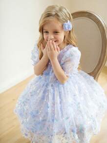 Elladie kids Newly Launched Little Girl's Round-Neck Short-Sleeved Three-Dimensional Butterfly Net Yarn Cinched-Waist Dress For Formal Occasions. It's Comfortable, Fashionable, Elegant, Sweet, Lovely, Like A Princess Dress For A Lady. - Blue - View 6