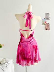 Soleia 春夏季假期垂坠领口露背网眼荷叶边不对称露背迷你连衣裙，适合度假、约会、下午茶、度假、音乐节、波西米亚风、沙滩装 - 玫紅色 - 查看 2