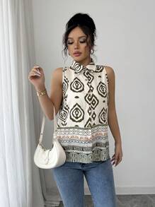 Chiquease 春夏时尚新款复古领无袖印花开襟衬衫，度假风格