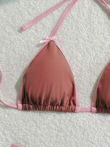 SHEIN Swim 2pcs Dusty Pink & Light Pink Trim Bowknot Fashionable Bikini Set, Women Beach Clothes Outfits, Summer Vacation Bathing Suit - Multicolor - View 6