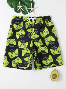 Tween Boy Random Gamepad & Letter Graphic Drawstring Waist Swim Shorts Kids Swimming ,Kids Beachwear - Multicolor - View 2