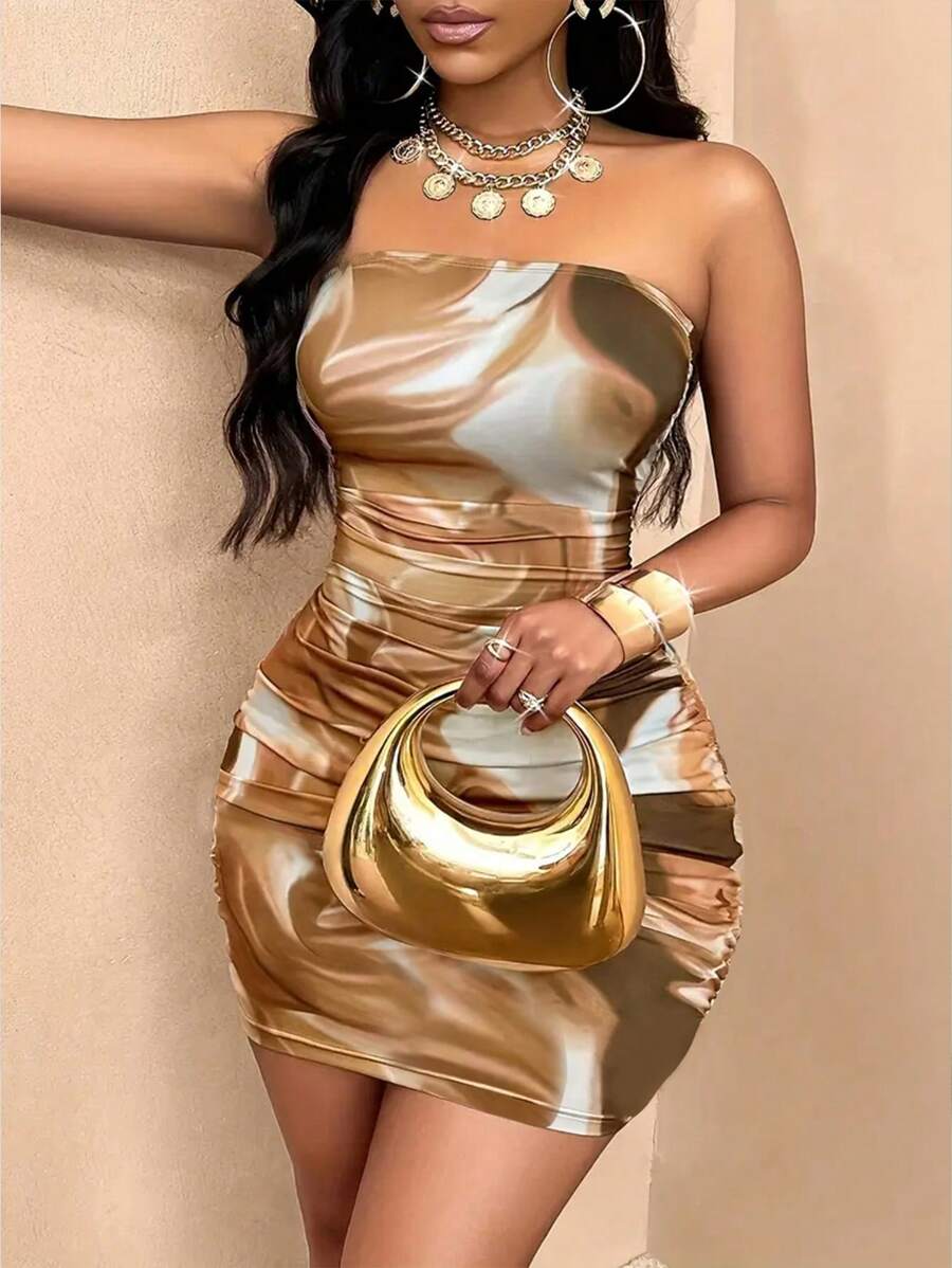 SHEIN EZwear 女士数码印花扎染褶皱修身吊带背心连衣裙 - 彩色 - 查看 1