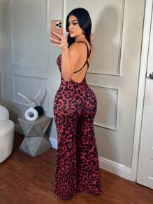 SHEIN SXY Mono sexy para mujer con pierna acampanada y estampado de leopardo