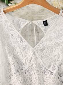 DreamSkyne 大码女式蕾丝灯笼袖透明性感衬衫 - 白色 - 查看 3