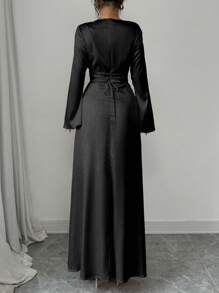 Rafferiza 女士黑色优雅修身喇叭下摆长袖 A 字缎面连衣裙，粉色，秋冬 - 黑色 - 查看 2