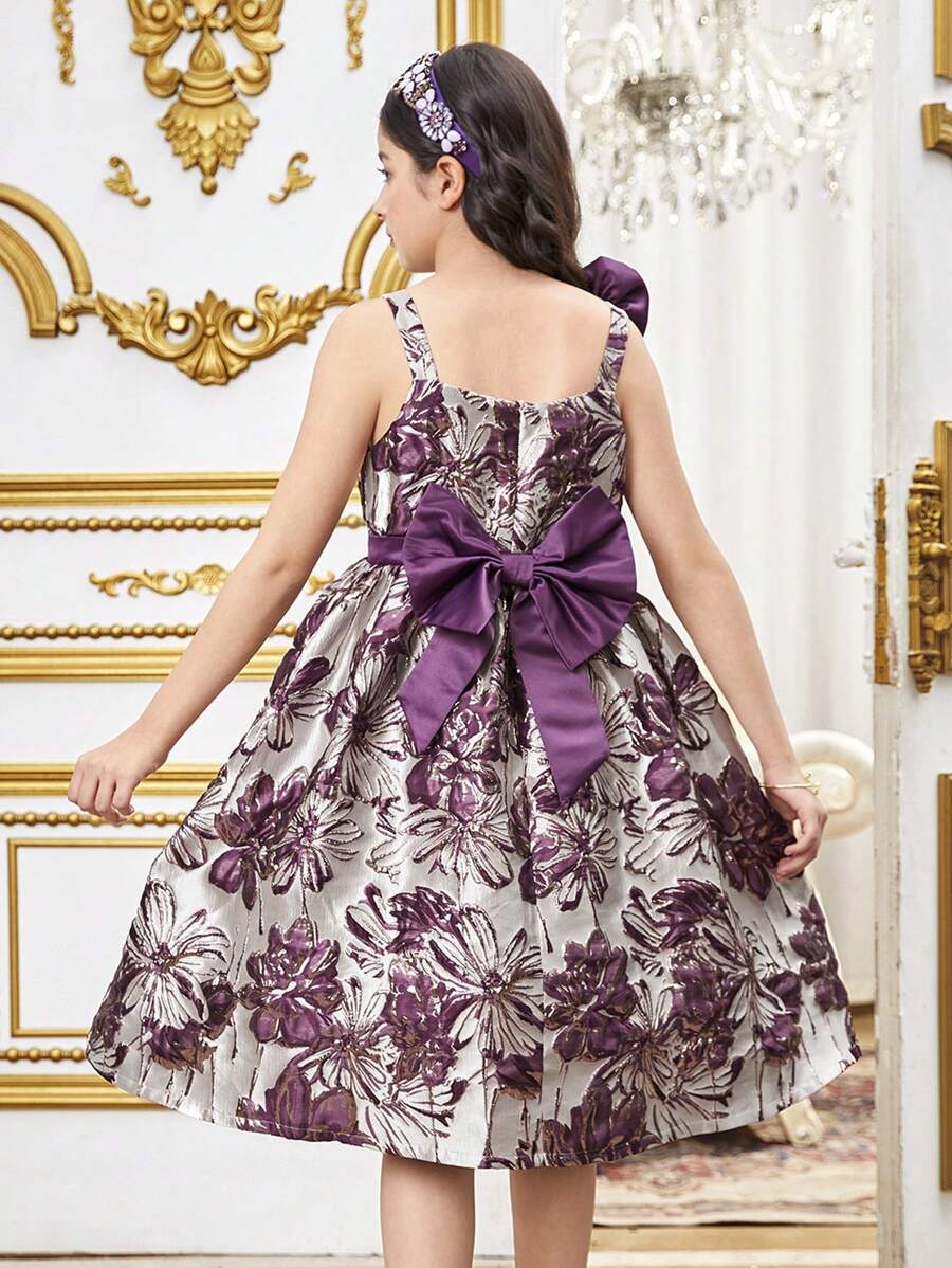 SHEIN Tween Girl Elegant One-Shoulder 3D Flower Contrast Waist Sleeveless Dress - Purple - View 1