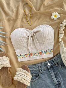 Soleia Top sans bretelles texturé et ajouré avec broderie, adapté pour les festivals de musique, le style bohème, les sorties en vacances, le thé de l'après-midi - Multicolore - Voir 1