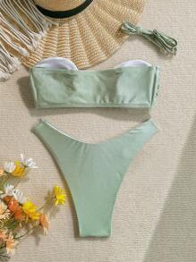 Swim Vcay 1 Set Solid Color Shiny Beach Bikini For Women, Suitable For Spa & Resort For Summer Beach Vacation - Mint Green - View 6