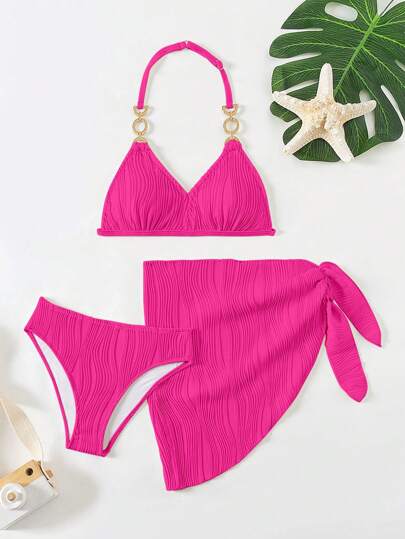 SHEIN Tween 女童纯色吊带比基尼套装，带度假用罩裙