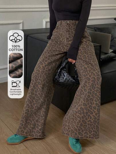 DAZY Calças femininas soltas de algodão com estampa de leopardo