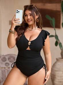 Swim Chiccia 1 件大码女式黑色连体泳衣，性感夏季度假泳装 - 黑色 - 查看 5