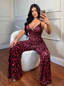 SHEIN SXY Mono sexy para mujer con pierna acampanada y estampado de leopardo